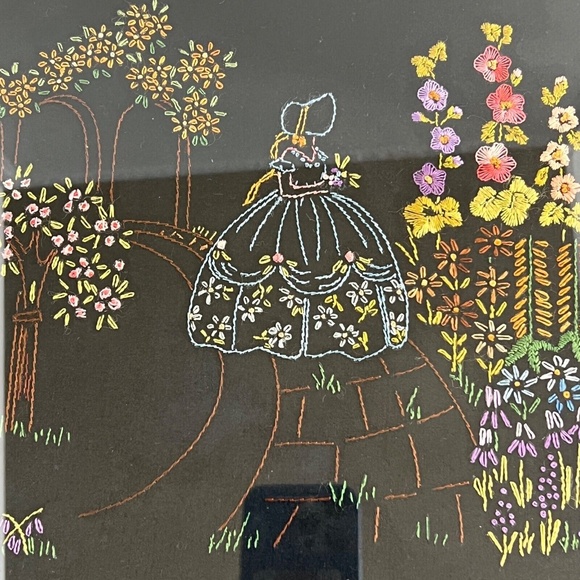 Handmade Embroidered Southern Belle Garden Flowers Framed Art on Black Vintage - Picture 3 of 6